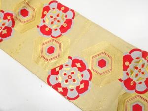 アンティーク　重ね亀甲に華紋・箔散らし模様織り出し袋帯（着用可）